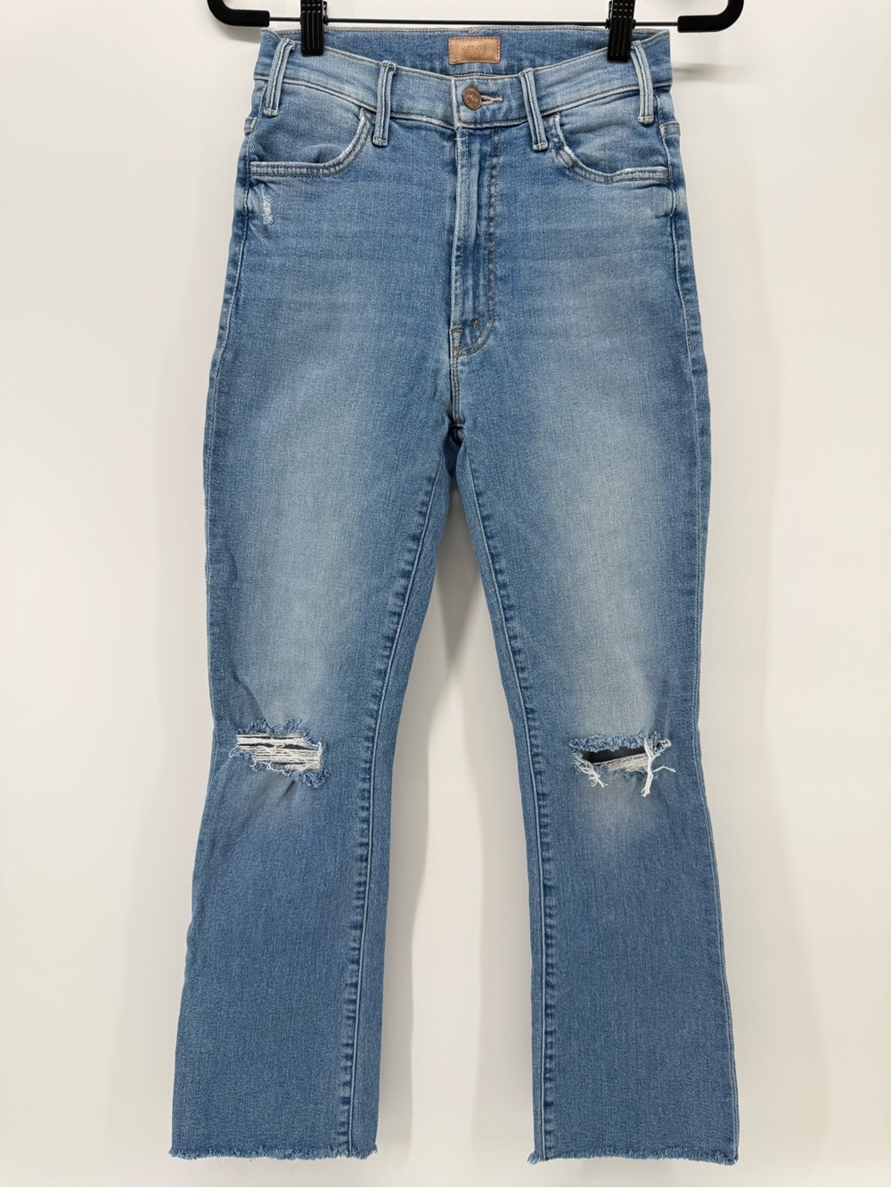 MOTHER The Hustler Ankle Fray High Rise Ripped Knee Jeans medium Wash